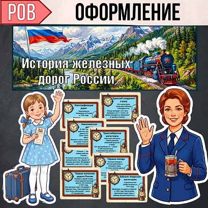 Обложка публикации «Оформление для «Разговоров о важном»: История железных дорог России — баннер, 8 табличек, иллюстрации.»