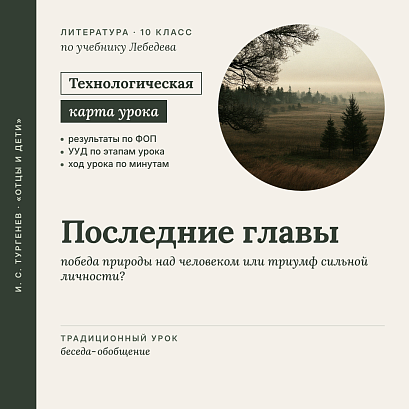 Обложка публикации «Технологическая карта урока литературы в 10 классе: И. С. Тургенев. Роман «Отцы и дети». Финал романа (По учебнику Лебедева)»