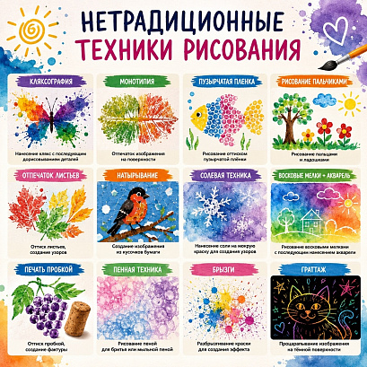 Обложка публикации «Комплект методических карточек «Нетрадиционные техники рисования для дошкольников» (Младшая, Средняя, Подготовительная группы)»