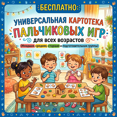 Обложка публикации «БЕСПЛАТНО: Универсальная картотека пальчиковых игр для всех возрастов (Младшая, средняя, старшая и подготовительная группы)»